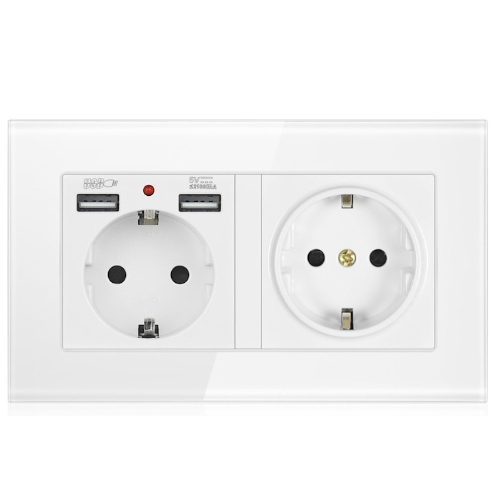 Priza dubla cu rama din sticla, Hggzeg, Priza splitter cu impamantare, Cu indicator luminos, 2 prize, 2 x USB, Montaj incastrat, 250V/16A, Potrivit pentru aparate de bucatarie, de casa si de birou, Metal, 14.6 x 8.6 x 4.5cm, Alb
