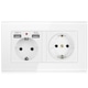 Priza dubla cu rama din sticla, Hggzeg, Priza splitter cu impamantare, Cu indicator luminos, 2 prize, 2 x USB, Montaj incastrat, 250V/16A, Potrivit pentru aparate de bucatarie, de casa si de birou, Metal, 14.6 x 8.6 x 4.5cm, Alb