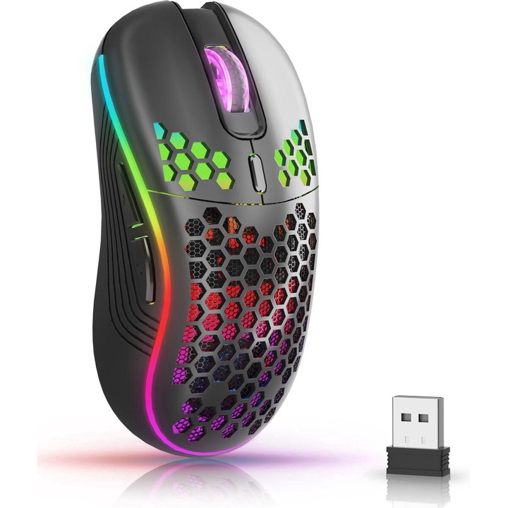 Mouse Wireless, Mouse de gaming, cu iluminare de fundal RGB, 6 butoane reglabile, Design ergonomic, Structura tip fagure, Mouse de gaming reincarcabil, potrivit pentru laptop, PC, desktop - Negru