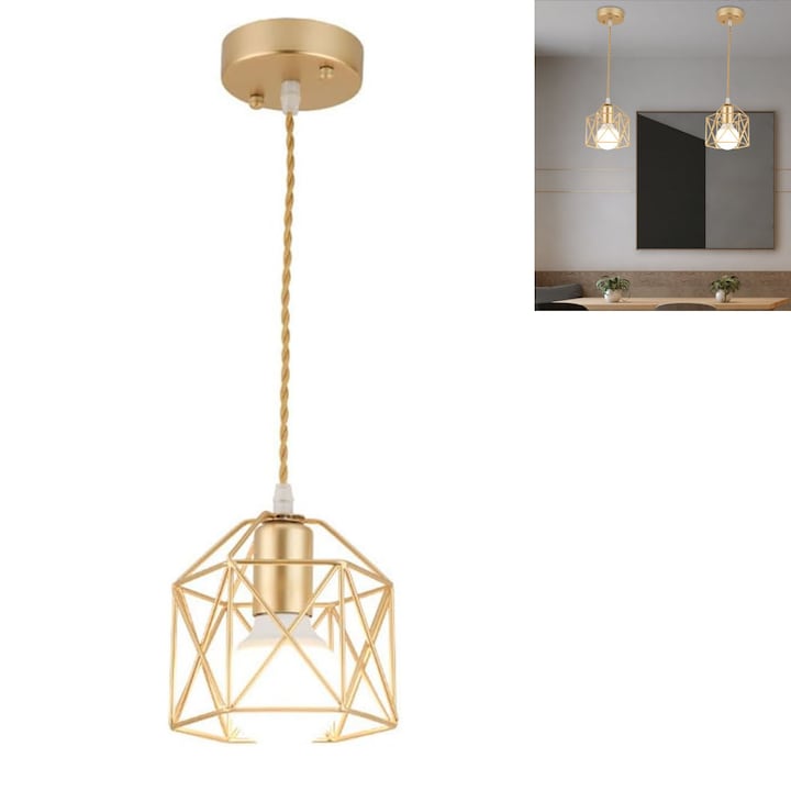 Lustra tip pendu, Hggzeg, Fara bec, Cadru in forma de diamant, Usor de curatat, Usor de folosit, Pentru dormitor sufrageria bucatarie holul birou, Fier, 14x15x10cm, Aur