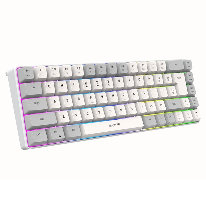 Mechanikus gaming billentyűzet, NAXSIR, 68 gomb, RGB világítás, ergonomikus, USB Type-C, double-shot ABS billentyűzet sapkák, szürke/fehér