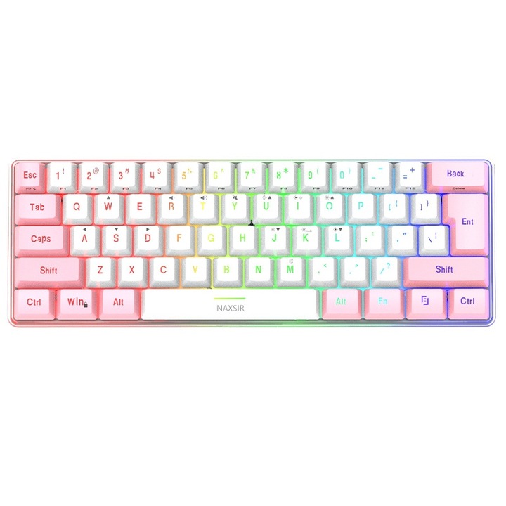 Кабелна RGB клавиатура за игри, NAXSIR, 61 клавиша, 8 светлинни ефекта, 5 нива на регулиране на яркостта, подвижен USB-C кабел, преносима, розово/бяло