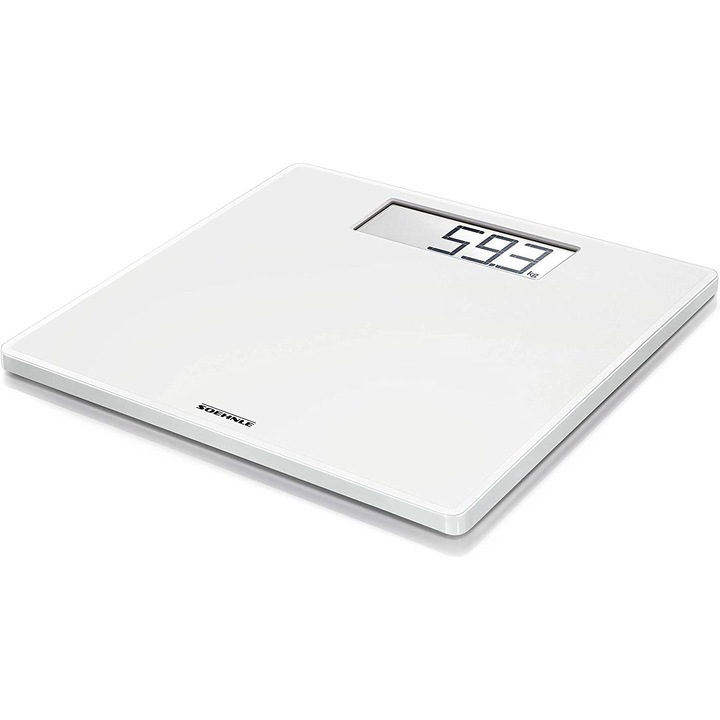 Цифрова лична везна Soehnle Style Sense Safe 100 с изключително голям LCD екран, везна с неплъзгащи се крачета, плоска лична везна, бяла