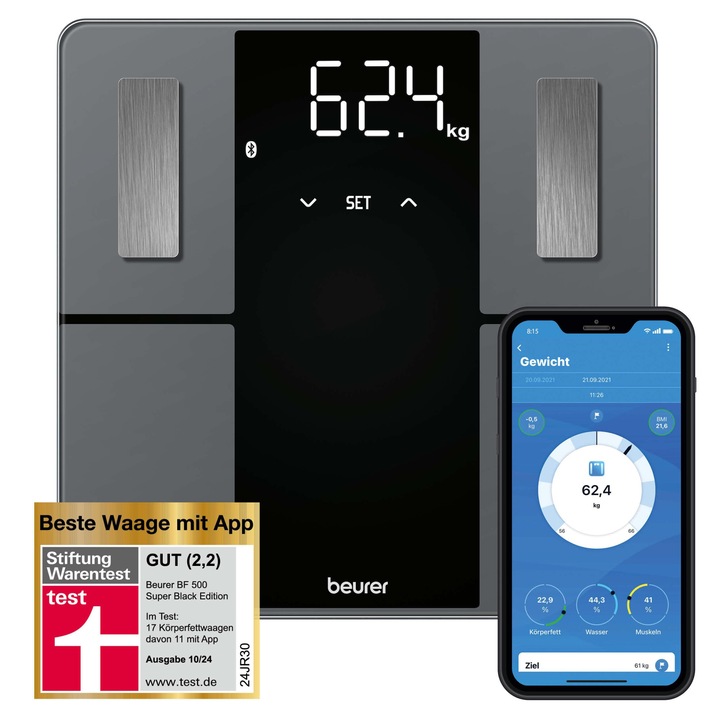 Диагностична везна Beurer BF 500 с Bluetooth и приложение, цифрова везна за телесни мазнини с капацитет на натоварване 180 кг, везна за анализ за измерване на телесни мазнини, мускулен процент, калорийни нужди и др., XL дисплей