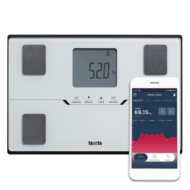 Везна Tanita BC-401 за състава на тялото с Bluetooth, високопрецизна везна за анализ на състава на тялото, интелигентно приложение за проследяване на фитнес, метаболитна възраст, бяла