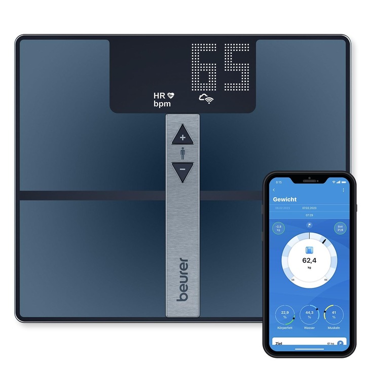 Beurer BF 980 diagnosztikai mérleg Wi-Fi-vel és Bluetooth-al, elemzések rögzítése és a testértékek grafikus kiértékelése az alkalmazáson keresztül, pulzusmérés, újratölthető akkumulátor