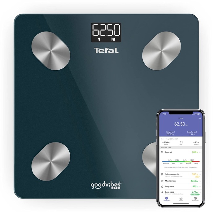 Интелигентна везна Tefal Goodvibes Life+ с 10 телесни дисплея, лесна работа, неограничен потребителски капацитет 180 кг и 100 G разделяне Bm9620S1 Черен