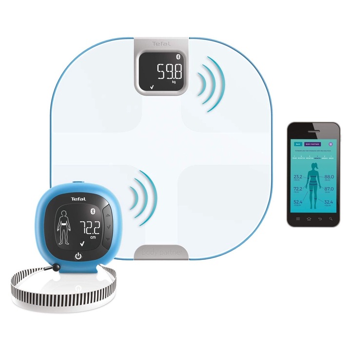 Персонален кантар Tefal Body Partner Yd3094S1, свързан, съвместим със здравето, Google Fit – Интегрирано обучение за спорт и хранене