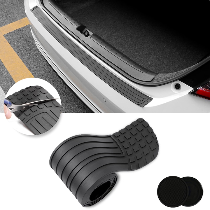 Hátsó lökhárító védő, Ütésálló, Karcálló, Szabadon vágható, Minden modellhez alkalmas, gumi, 103 x 8,5 cm, 2 pohártartóval, univerzális, fekete