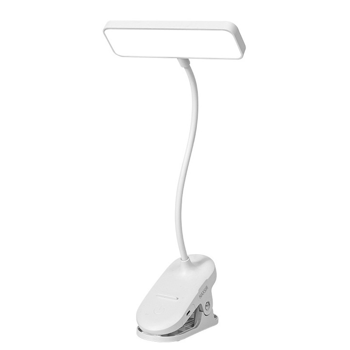 Lampa pentru citit, NAXSIR, Sursa de lumina in 3 culori, 20 led-uri, Luminozitate reglabila, Cu gat flexibil la 360 °, Incarcare USB, Alb