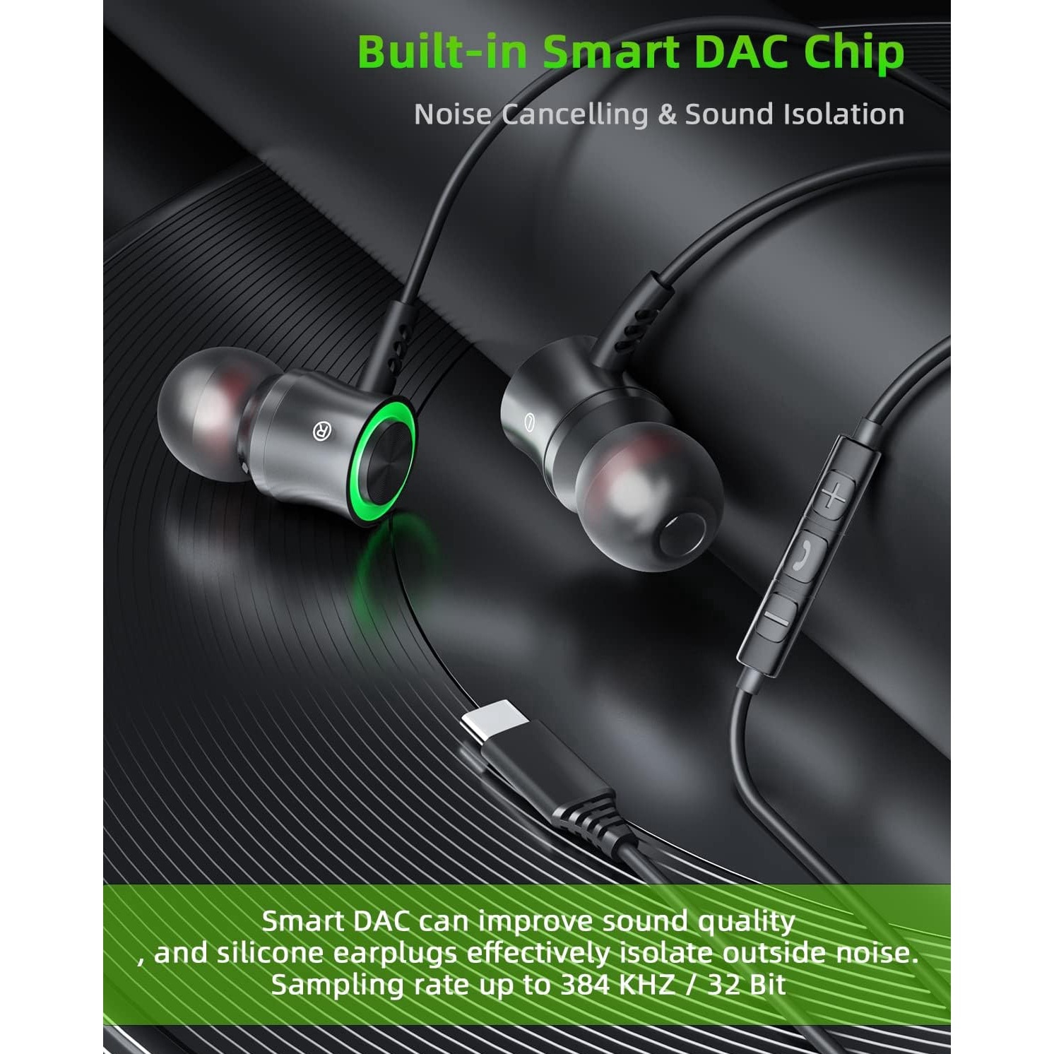 Casti cu fir, KINSI, In-ear, cu Microfon, telecomanda pentru apeluri/volum, 1.2 m, Type-C, negru