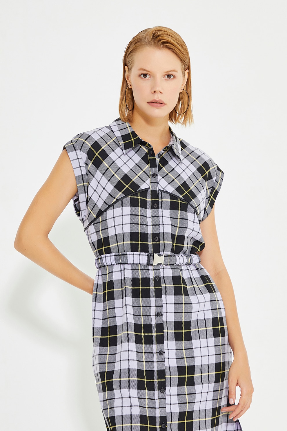 Just Like You, Rochie cu curea in talie si model in carouri, Negru, Lila, 36