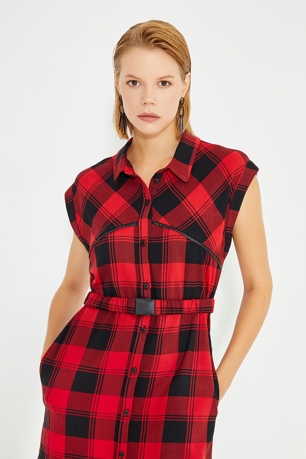 Just Like You, Rochie-camasa cu model in carouri, Rosu, Negru, 40