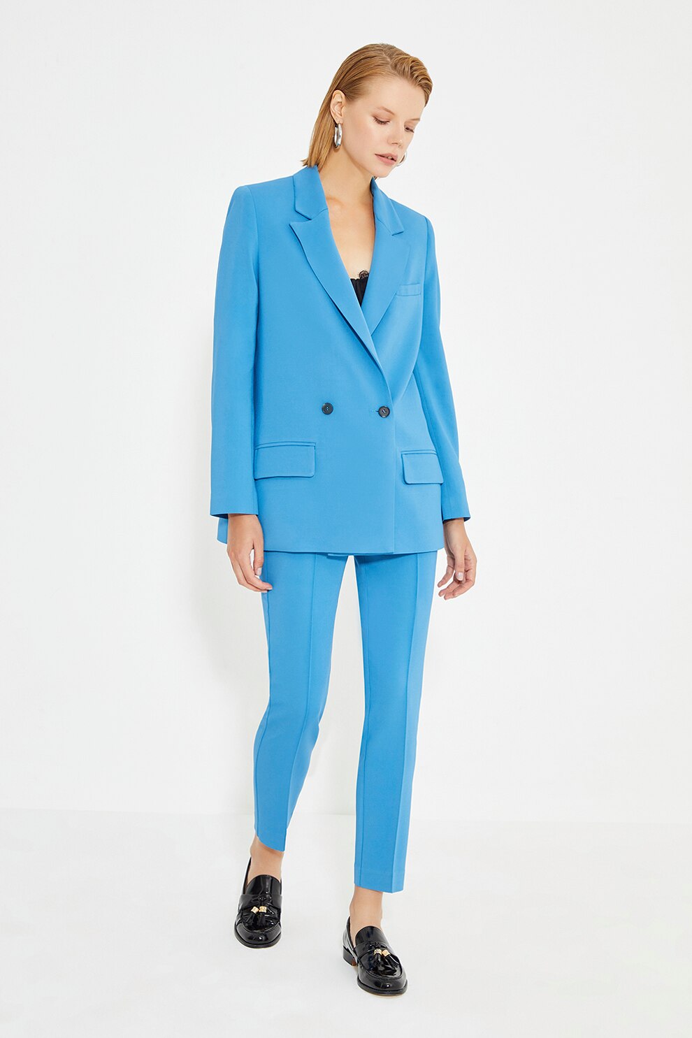 Just Like You, Pantaloni crop cu croiala slim-fit si cusaturi frontale, Albastru pastel, 36