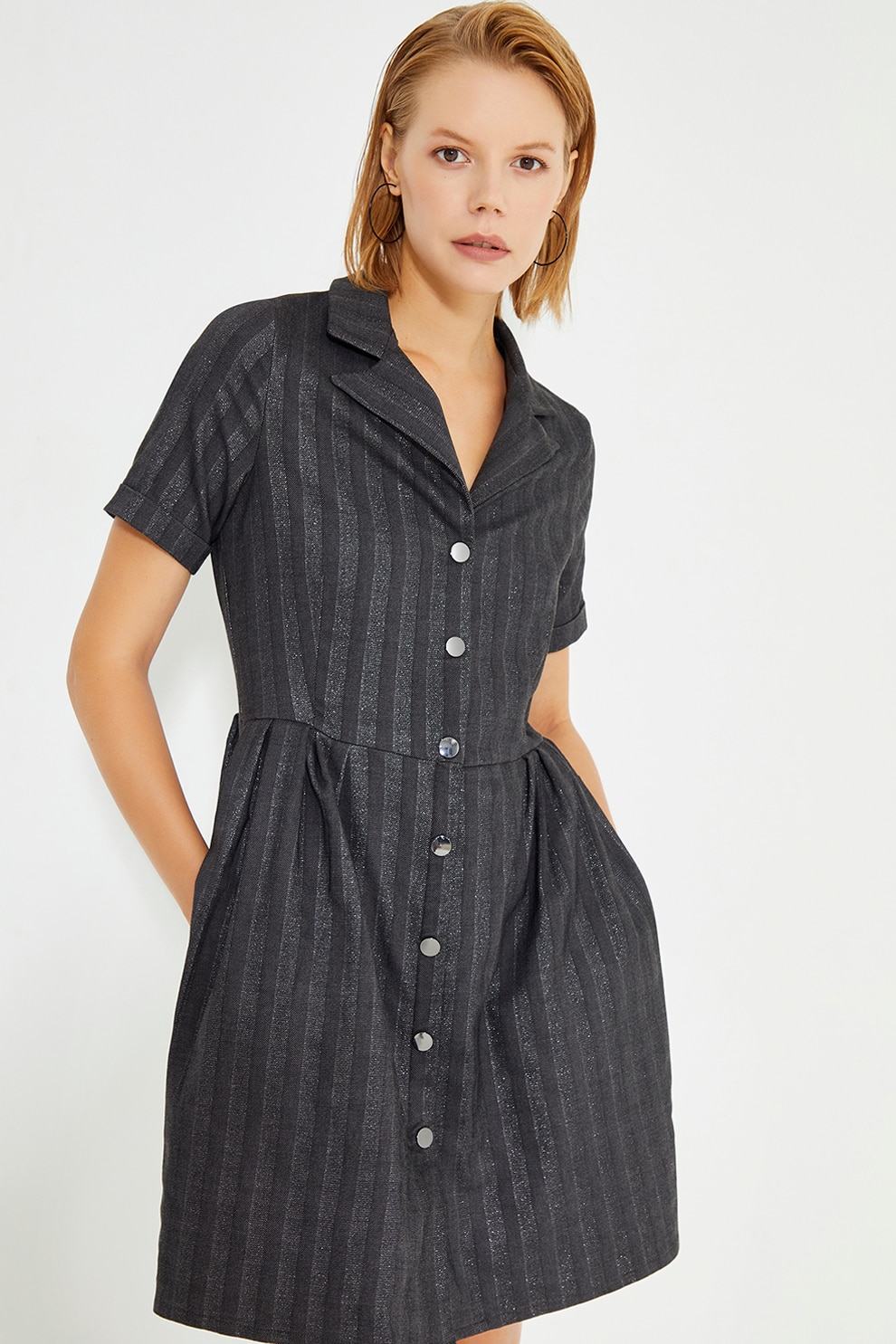Just Like You, Rochie scurta cu croiala in A, Gri inchis, 38