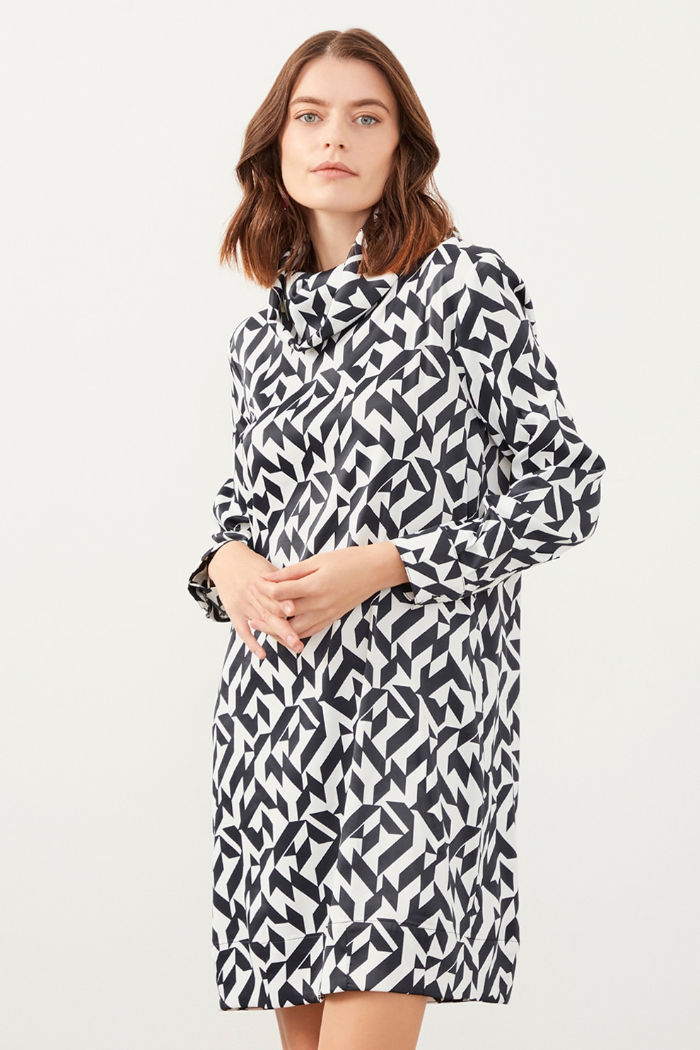 Just Like You, Rochie dreapta cu model geometric, Alb, Negru, 40