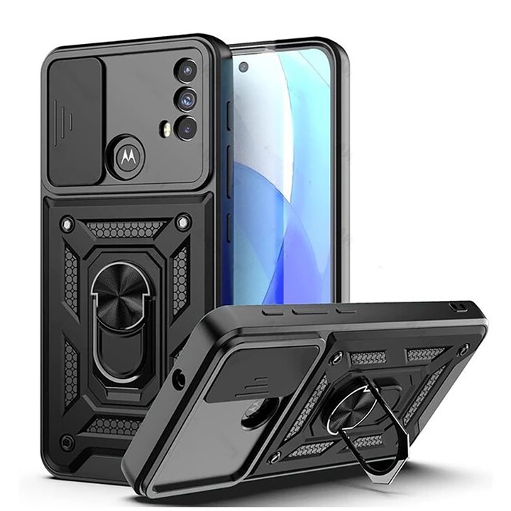 Калъф за телефон, съвместим с Motorola Moto E30 / E40, Rugged Shield LensProtect, Anti-shock, Плъзгащ се капак на камерата, Защита на обектива, Пълно покритие, Пръстен за ръкохватка, Магнит, Черен