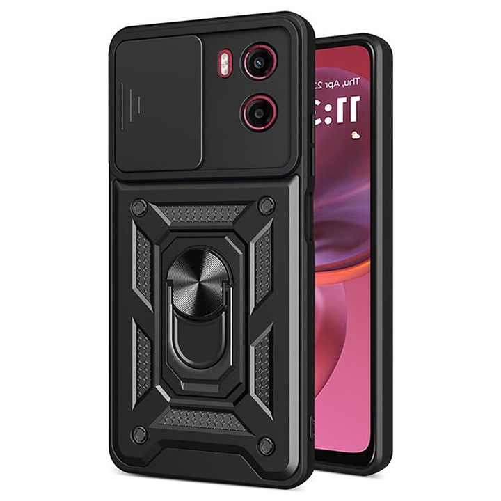 Husa telefon, compatibila cu Motorola Moto G05 / E15, Rugged Shield LensProtect, Anti-soc, Capac glisant pentru camere, Protectie lentile, Acoperire completa, Inel de prindere, Magnet, Negru