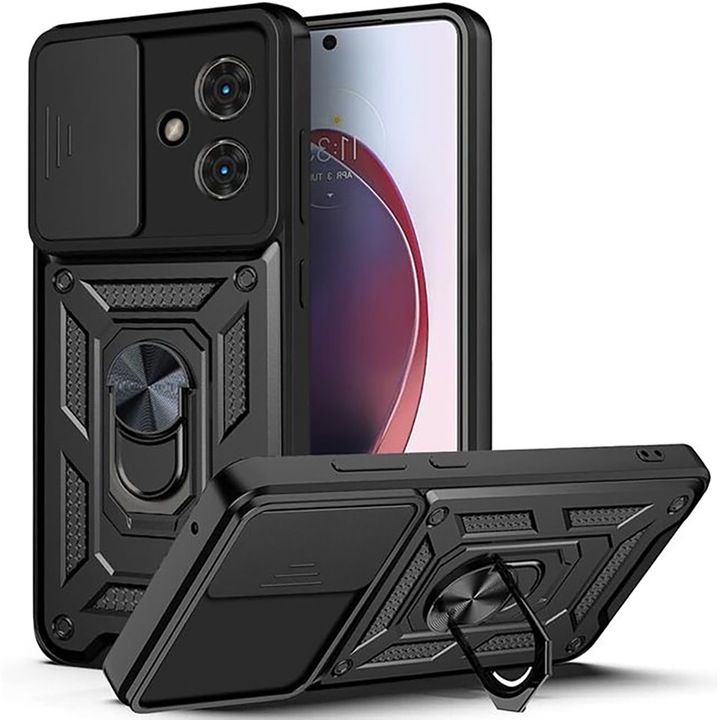 Husa telefon, compatibila cu Motorola Moto G55, Rugged Shield LensProtect, Anti-soc, Capac glisant pentru camere, Protectie lentile, Acoperire completa, Inel de prindere, Magnet, Negru
