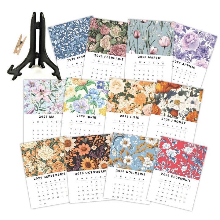 Calendar cu flori decorative elegante, 2026, calendar de birou cu suport negru