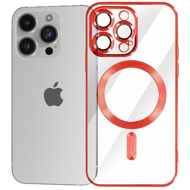 Husa tip MagSafe pentru Apple iPhone 14 Pro, Glamour MagCase, Protectie lentile camere, Rama electroplacata, Accente metalizate, Margini ridicate, Incarcare wireless, Magnetica, Rosu