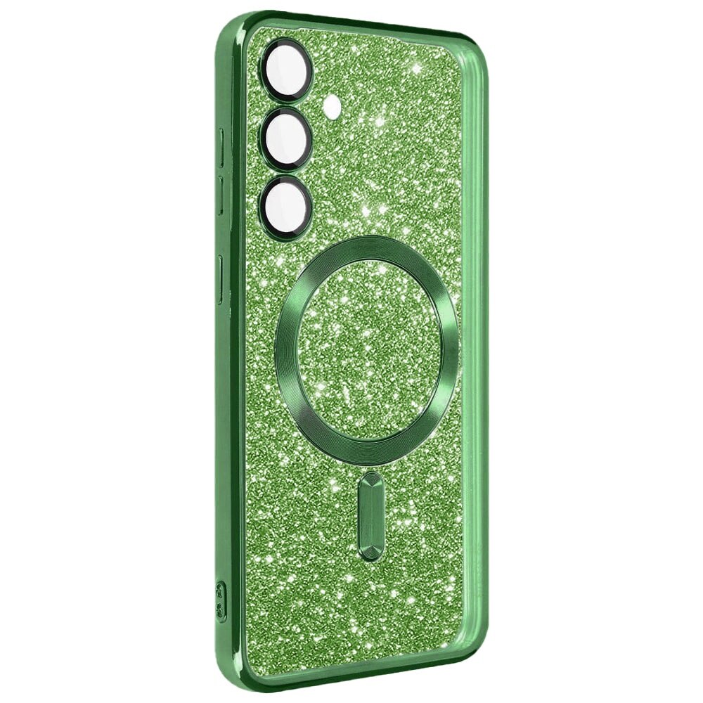 Husa magnet pentru Samsung Galaxy A56 5G, Glitter MagCase, Sclipici integrat, Protectie lentile camere, Rama electroplacata, Accente metalizate, Margini ridicate, Incarcare wireless, Magnetica, Verde inchis