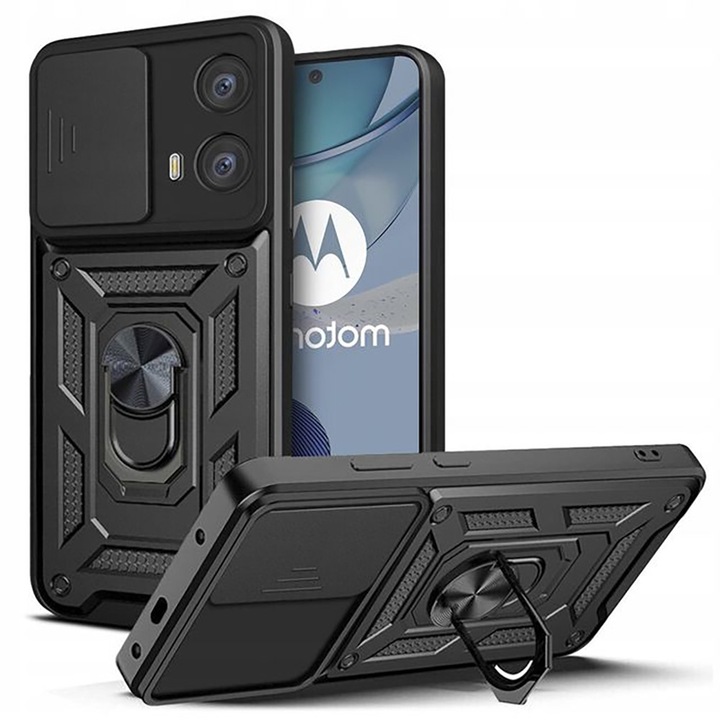 Husa telefon, compatibila cu Motorola Moto G71 5G, Rugged Shield LensProtect, Anti-soc, Capac glisant pentru camere, Protectie lentile, Acoperire completa, Inel de prindere, Magnet, Negru
