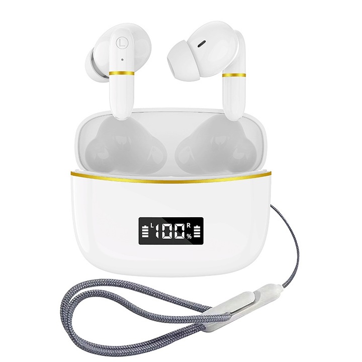 Casti Wireless In-Ear J2, Bluetooth 5.3, Incarcare Wireless, Microfon, Autonomie 4h, Alb