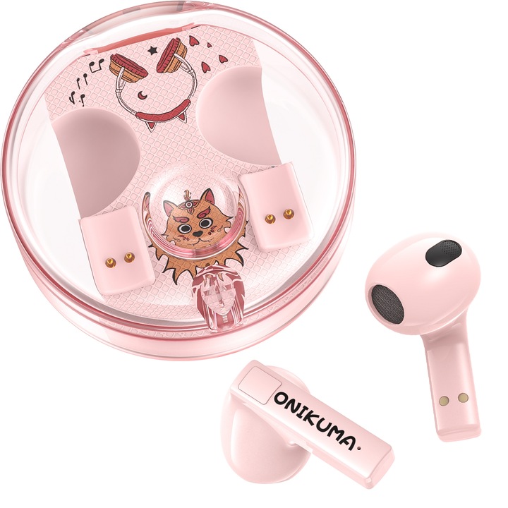 Casti Wireless In-Ear ONIKUMA T301 Cartoon, Bluetooth 5.3, Autonomie 4h, Incarcare rapida, Roz