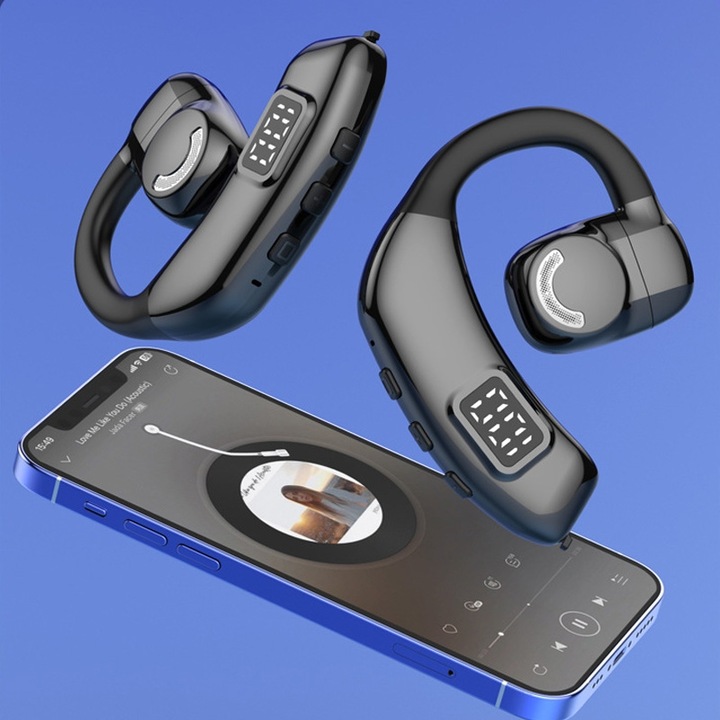 Casti Bluetooth Tip Banda OWS Stereo Sport Alb, Autonomie 30h, Display Digital, Bluetooth 5.4, Microfon, 17g