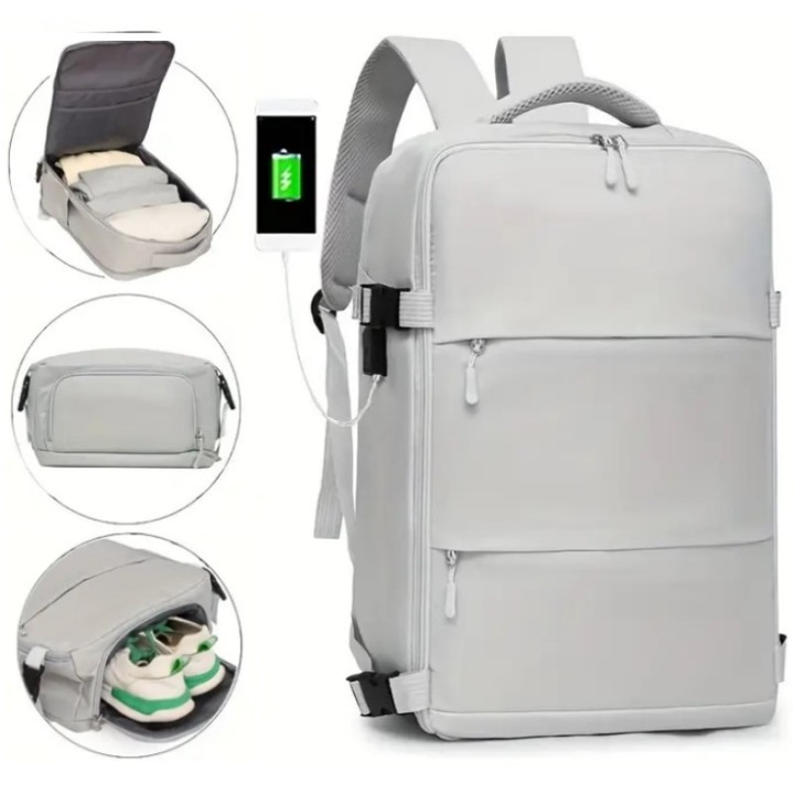 Раница за пътуване със самолет, 40x30x18 см, ръчен багаж, лаптоп, многофункционална, водоустойчива, бизнес, WizzAir приема, до 30 л, отделение за обувки, система за куки за колички, бяла