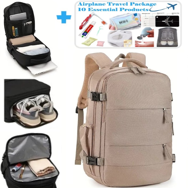Rucsac Calatorie Avion, 40x30x20 cm, Bagaj de Mana cu 10 Produse Aprobate TSA Incluse; Acceptat de WizzAir, RyanAir; Impermeabil; Compartimente: Incaltaminte, Obiecte Umede si Laptop; Port USB; Sistem Agatare pe Troler; Intaritura Spate; Kaki