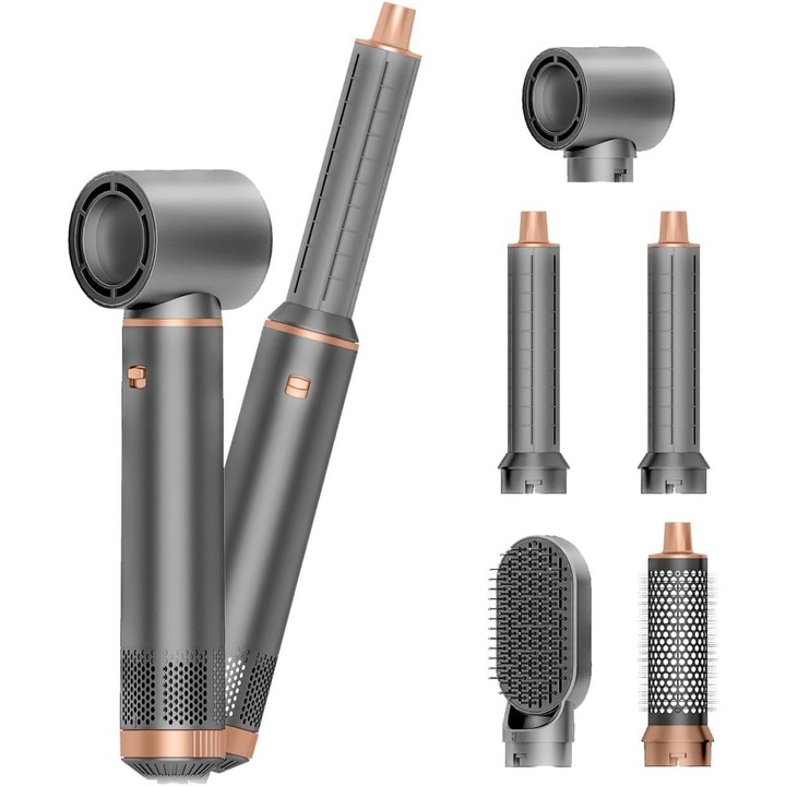 Uscator de par multifunctional 5 in 1, 1000W, 130000 RPM, 200 milioane Ioni Negativi, 3 trepte temperatura, Uscare rapida, Ondulare automata, Volumizare si Indreptare, Toate tipurile de par, Perfect pentru cadouri, Argintiu