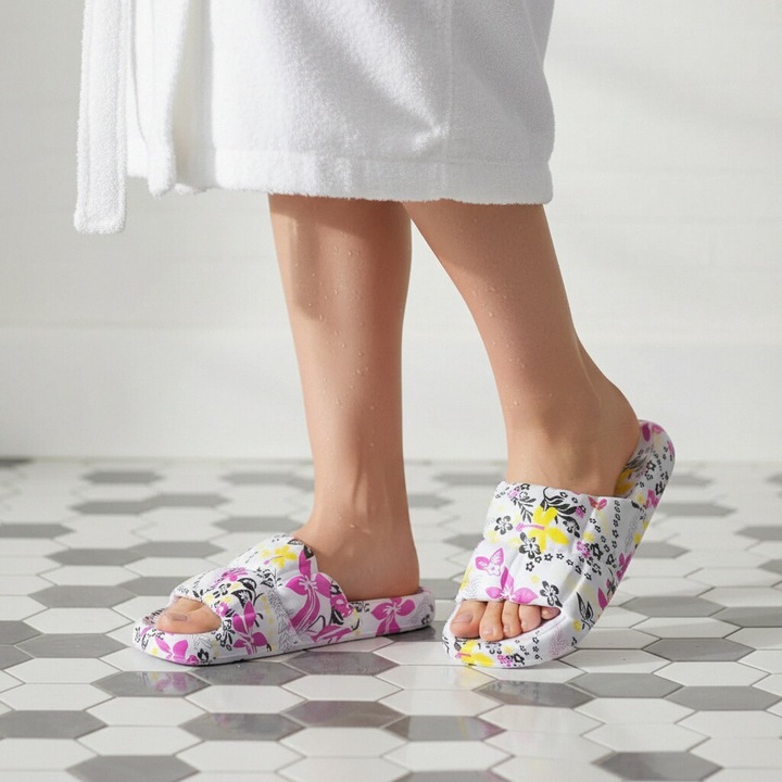 Papuci cu motiv floral H682alb 115077, Alb, 40-41