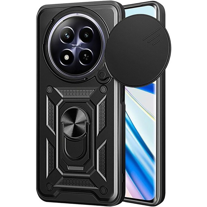 Telefontok, kompatibilis a Realme 12 4G / 12+ / 13 4G-vel, Rugged Shield LensProtect, Ütésálló, Csúszó kamerafedél, Lencsevédelem, Teljes lefedettség, Fogógyűrű, Mágnes, Fekete