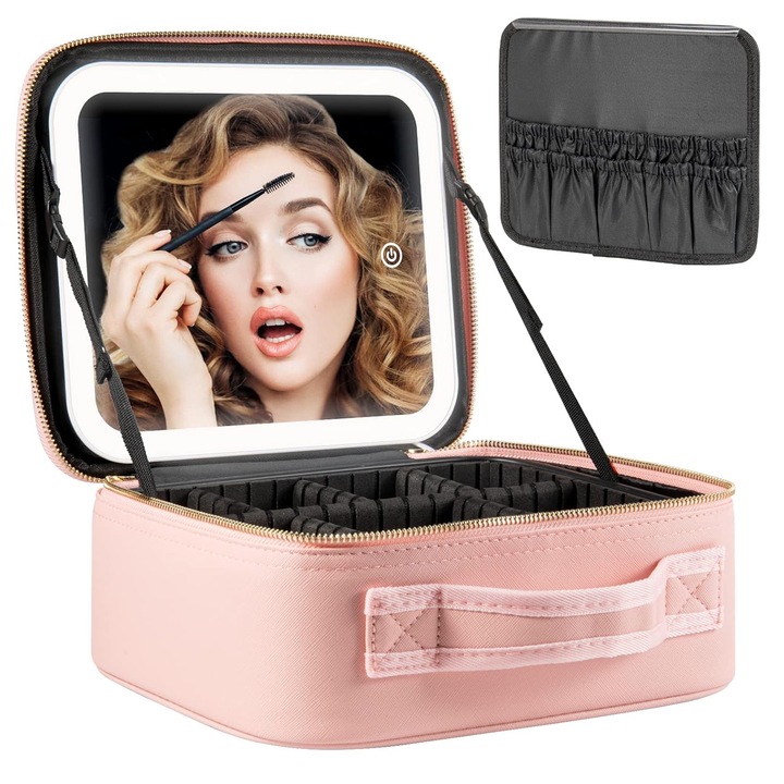 Geanta mare capacitate cosmetice voiaj, Axroad Mall, Geanta Cosmetice Portabil cu Lumina LED, cu maner, Metal Fermoar, baterie de 2000 mAh, Compartimente Reglabile, impermeabil si rezistent la uzura, 26 X 23 X 11cm, Piele PU, Roz