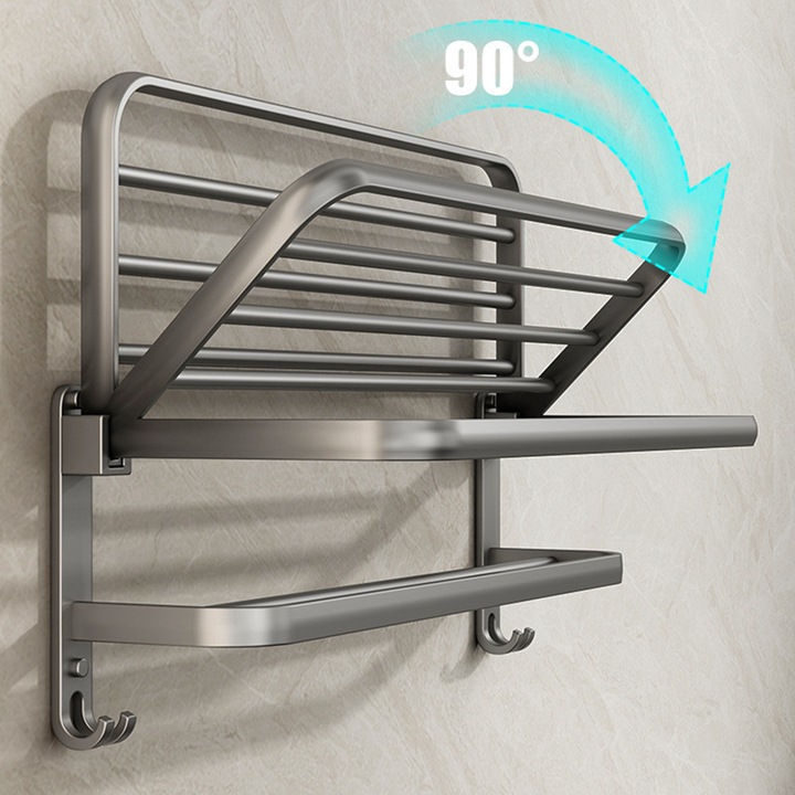 Suport de prosoape pliabil, Yulinland®, design modern, Design pliabil la 90° pentru a economisi spatiu, functional, otel inoxidabil Premium, functie de raft pliabil, 60 x 22 x 17 cm, aluminiu, gri