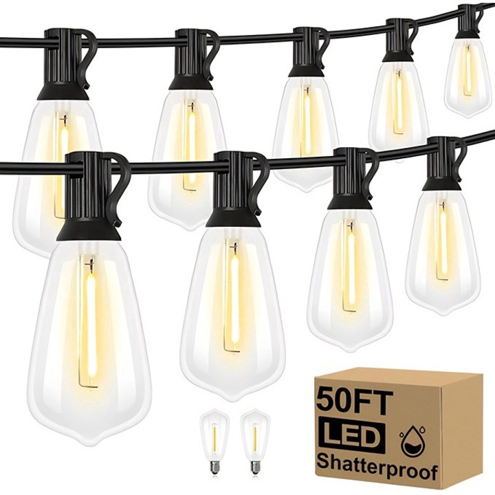 Ghirlanda Luminoasa Decorativa LED, Excitat®, 15.2m, 25 becuri+2 becuri rezerva, Rezistent la apa, Lumini sir in aer liber pentru Veranda, Deck, Gradina, Curte, Balcon