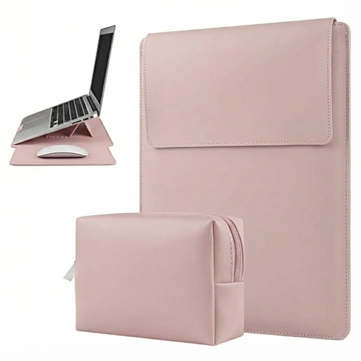 Husa Laptop 15-16 inch,4 in 1 cu foldable stand, compatibila cu MacBook Air, MacBook Pro, Piele Ecologica, Marime Universala, 28 x 38 cm, Pudra