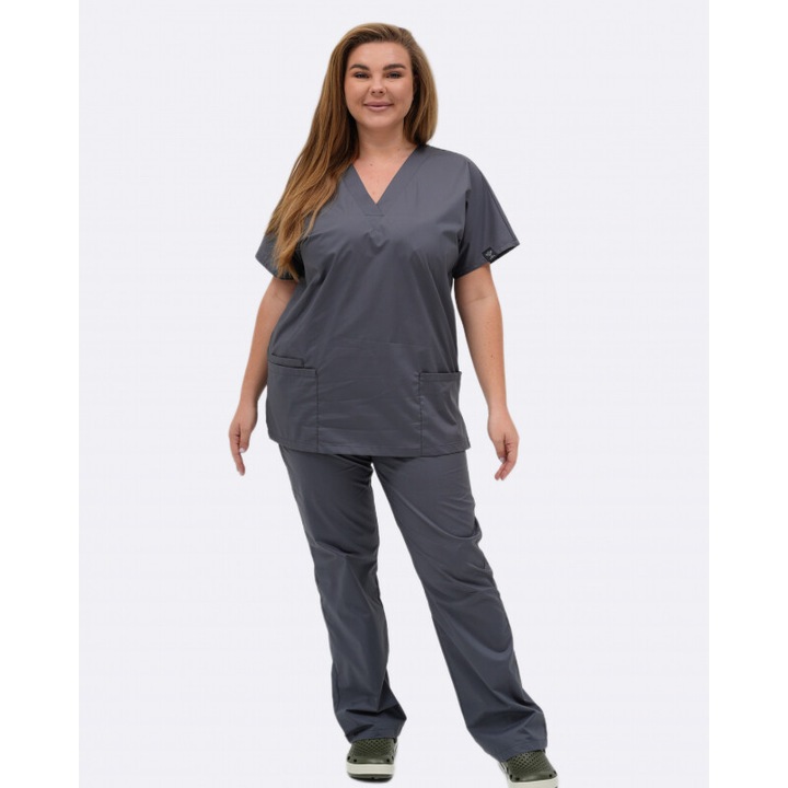 Set medical Inwhite, halat si pantaloni, gri, poliester, 5 buzunare, XS