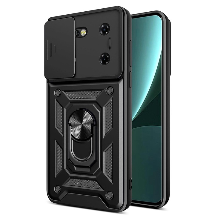 Калъф за телефон, съвместим с Tecno Pova 5 Pro, Rugged Shield LensProtect, Anti-shock, Плъзгащ се капак на камерата, Защита на обектива, Пълно покритие, Пръстен за захващане, Магнит, Черен