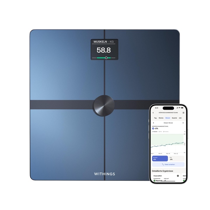Withings Body Smart — цифрова везна за баня WLAN/телесна скала за усъвършенстван телесен състав, включително мускулна маса, водно съдържание, костна плътност