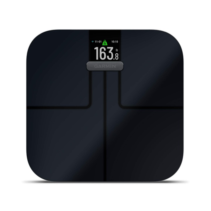 Garmin Index S2, интелигентна везна с безжична връзка, измерва телесни мазнини, мускули, костна маса, % вода в тялото и други, черен