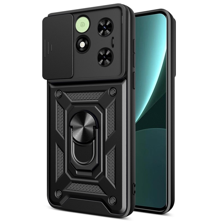 Telefontok, Tecno Spark Go 2024 / Spark 20 / Spark 20C kompatibilis, Rugged Shield LensProtect, Ütésálló, Csúszó kamerafedél, Lencsevédelem, Teljes lefedettség, Fogógyűrű, Mágnes, Fekete