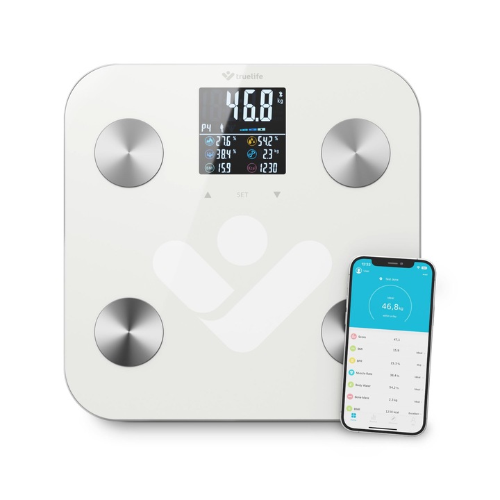 Персонална диагностична везна Truelife Fitscale W6 BT Bluetooth, измерване на анализ на биоелектричния импеданс, 19 измерими телесни индекса, цветен LCD дисплей, до 8 потребителя, мобилно приложение