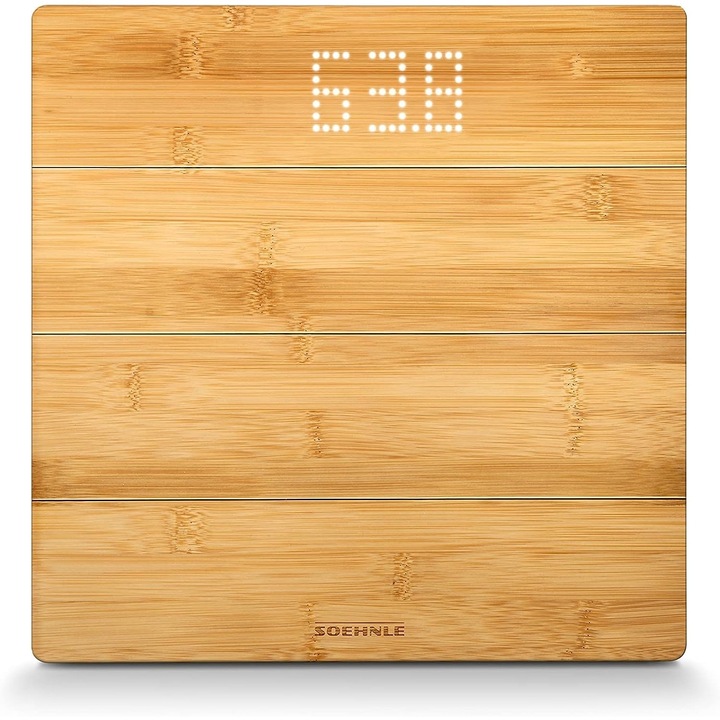 Soehnle Style Sense Bamboo Magic, цифрова везна, изработена от истинско бамбуково дърво, везна с невидим дисплей, лесен за четене LED дисплей, телесна везна за усещане за топли крака, персонална везна до 180 кг