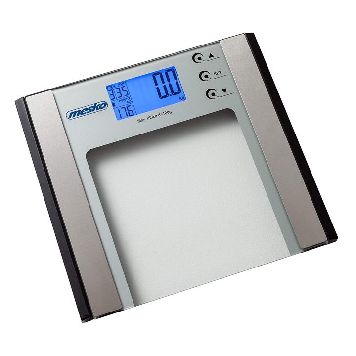 Mesko Ms8146 Дигитална везна за баня, телесни мазнини, тегло, мускулна маса, вода, костно тегло, BMR, висока точност до 180 кг, закалено стъкло и неръждаема стомана