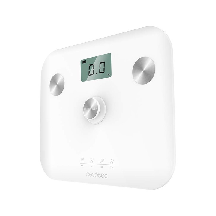 Cecotec Surface Precision Ecopower 10100 - Персонална везна (напълно здрава, с бутон, повърхност от закалено стъкло, прецизни сензори, LCD екран), бяла