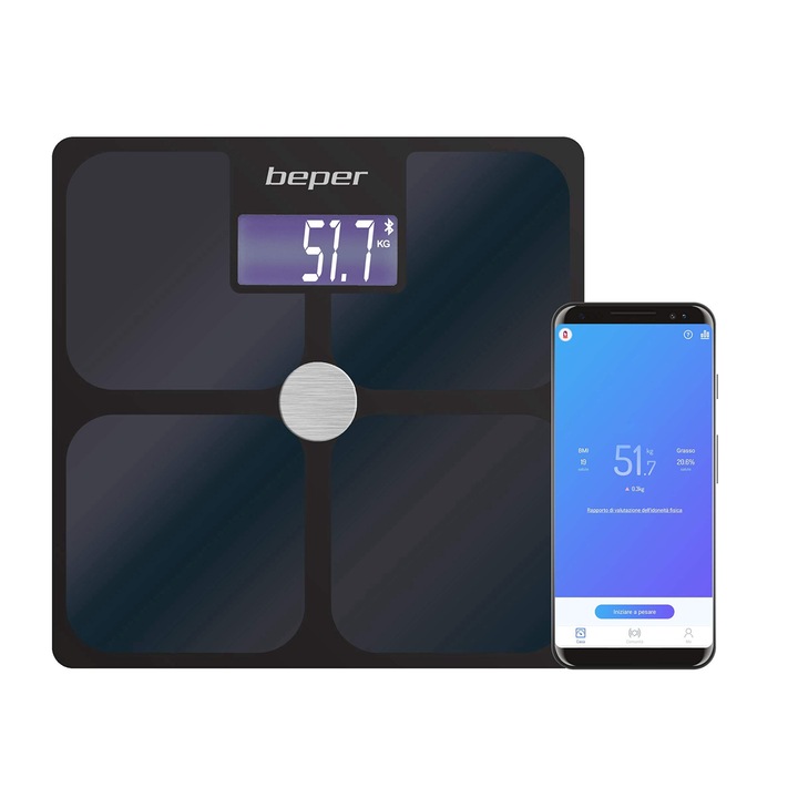 Импедантен кантар Beper P303Bip050 с приложение Scaleup, Bluetooth за Ios-Android, 21 измервания на тялото, неограничен брой потребители, статистически/исторически данни, 180 кг, черен