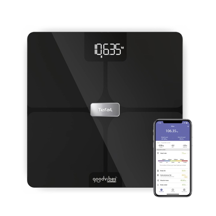 Интелигентна везна Tefal Goodvibes Bm9670S1, 14 измервания на тялото, неограничен брой потребители, 180 кг капацитет и 32 X 32 см стъклена чиния, черна